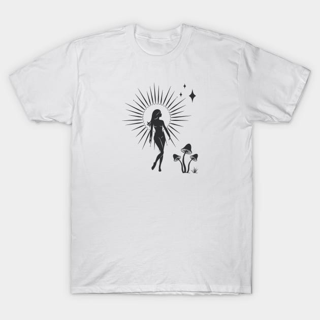 Walking Sun Mushroom Goddess T-Shirt by studioaartanddesign